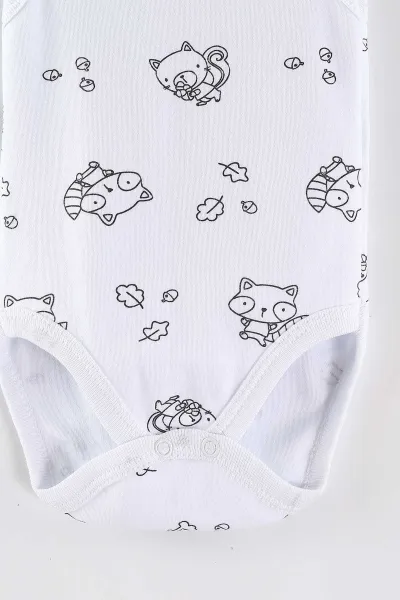 Beyaz (0-9 Ay) Rakun Desenli   Sıfır Kol Bebek Çıtçıtlı Badi 462998