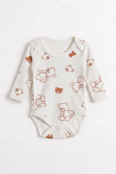 Beyaz (0-9 Ay )Raporlu Ayıcık Desenli  Uzun Kollu    Bebek & Çocuk Çıtçıtlı Badi 480372