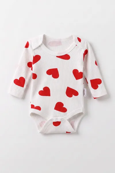 Beyaz (0-9 Ay )Raporlu Kalp Desenli  Uzun Kollu Kız    Bebek & Çocuk Çıtçıtlı Badi 480386