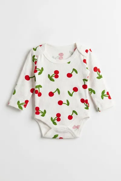 Beyaz (0-9 Ay )Raporlu Kiraz Desenli  Uzun Kollu Kız    Bebek & Çocuk Çıtçıtlı Badi 480383