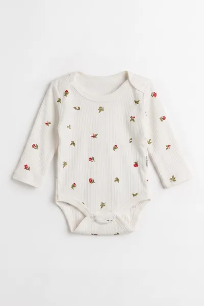 Beyaz (0-9 Ay )Raporlu Lale Desenli  Uzun Kollu Kız    Bebek & Çocuk Çıtçıtlı Badi 480382