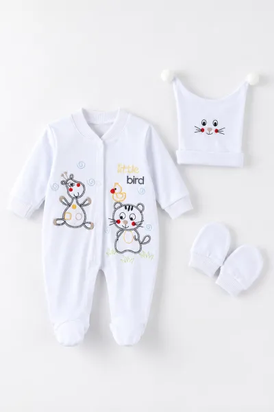 Beyaz (0-9 Ay) Sevimli Hayvanlar Nakışlı Şapkalı Eldivenli Penye Bebek Tulum 500415