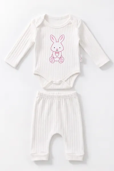 Beyaz (0-9 Ay) Tavşan Baskılı  Raporlu  Bebek Takım 480473