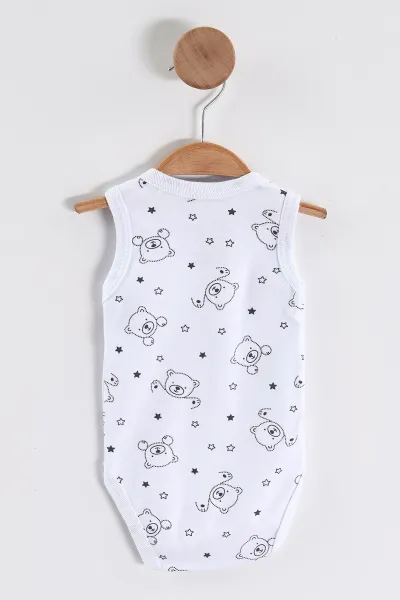 Beyaz (0-9 Ay) Yıldızlı Ayı Desenli   Sıfır Kol Bebek Çıtçıtlı Badi 458128