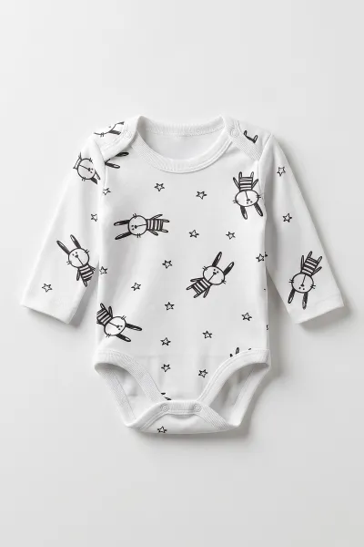 Beyaz (0-9 Ay) Yıldızlı Tavşan  Desenli Bebek Çıtçıtlı Badi 482297