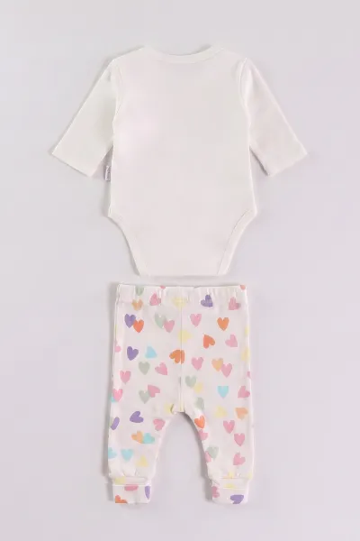 Beyaz (0-9 Ay)Kalp Baskılı Çıt Çıtlı Badili Kız Bebek Takım 477397