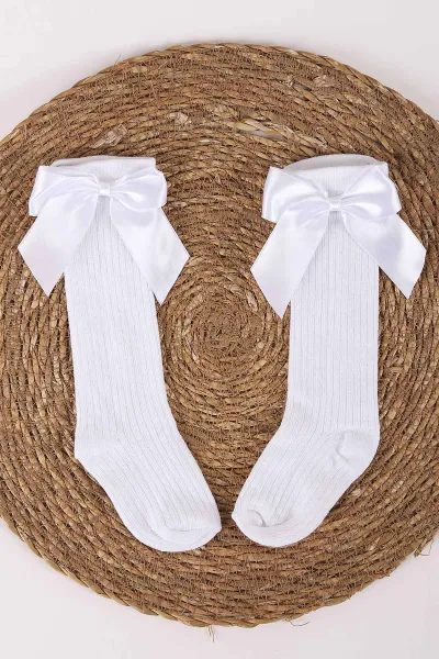 Beyaz (1-10  Yaş )Fiyonk Aksesuarlı Diz Altı Kız Bebek&Çocuk Çorap 454547