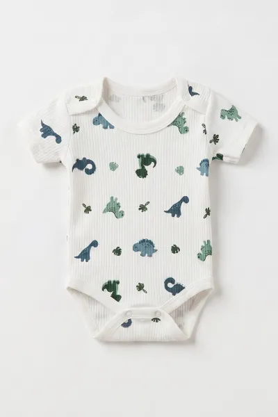 Beyaz (1-3 Yaş) Dinozor Desenli Kısa Kol Erkek Bebek & Çocuk Çıtçıtlı Badi 480394