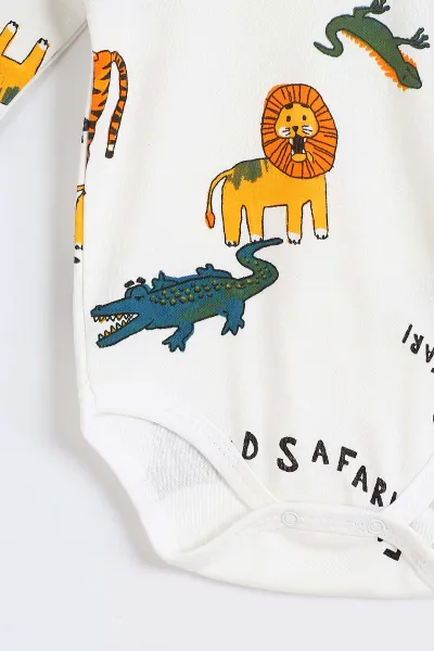 Beyaz (1-3 Yaş) Safari Desenli Uzun Kollu Bebek Badi 304674
