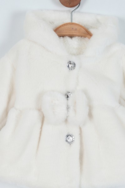 Beyaz (1-3 Yaş) Taş Detaylı Fiyonklu Kürklü Kız Bebe Mont 220926