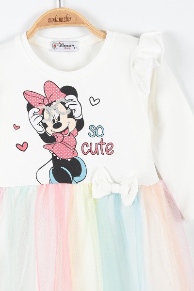Beyaz (1-4 Yaş) Minnie Mouse Baskılı Kız Çocuk Elbise 174909