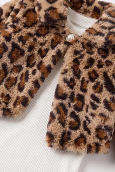 Beyaz (1-5 Yaş) Fitilli Bodyli Leopar Peluş Ceketli  Nakışlı Kot Etekli Kız Çocuk 3lü Takım 495748