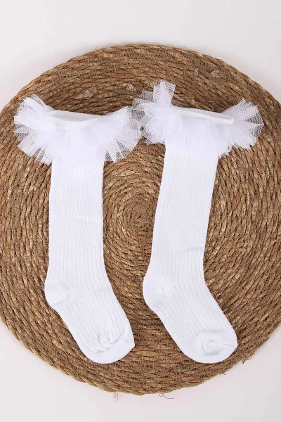 Beyaz (1-6 Yaş )Tütülü Diz Altı Kız Bebek&Çocuk Çorap 454539
