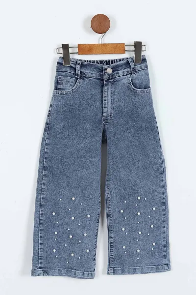 Beyaz (1-9 Yaş) İnci İşlemeli Kot Pantolonlu 2 İp Kız Çocuk Takım 413473