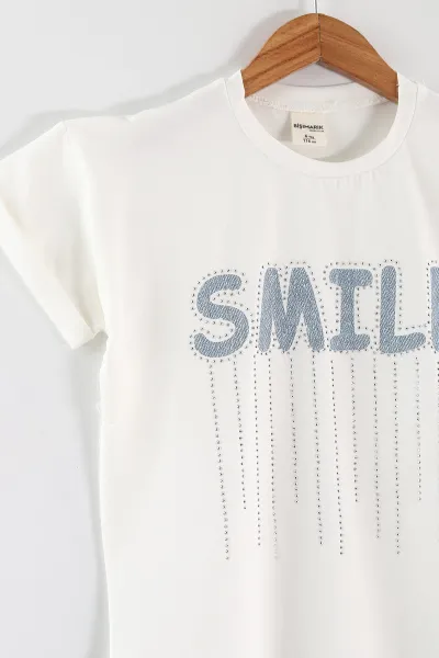 Beyaz (1-9 Yaş) Smile Nakışlı Taş Baskılı Tişörtlü Taşlı Kot Şortlu Kız Çocuk 2'li Takım 459530