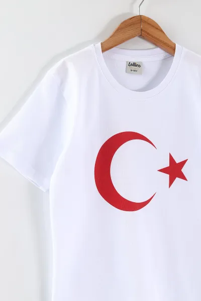 Beyaz (10-16 Yaş) Ay Yıldız Baskılı Süprem Unisex Çocuk Tişört 465667