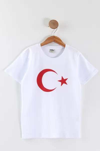 Beyaz (10-16 Yaş) Ay Yıldız Baskılı Süprem Unisex Çocuk Tişört 465667