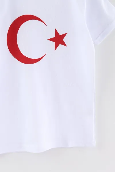 Beyaz (10-16 Yaş) Ay Yıldız Baskılı Süprem Unisex Çocuk Tişört 465667