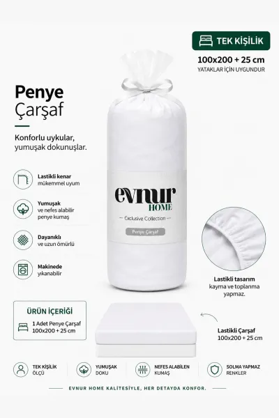 Beyaz 100x200+25 Cm  Evnur Home Penye Tek Kişilik Fitted (Lastikli) Çarşaf 467381