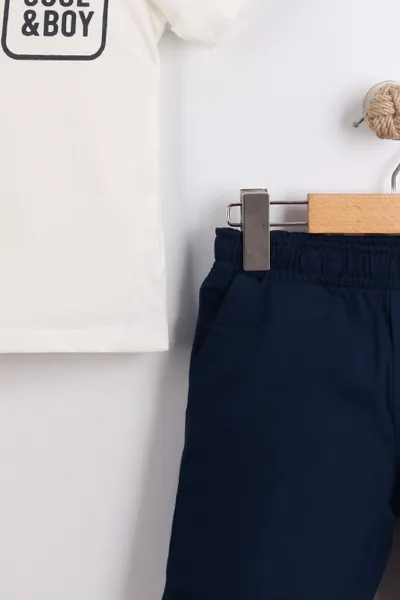 Beyaz (2-10  Yaş) Polo Yaka Cool Boy Baskılı Tişörtlü Gabardin Şortlu Erkek Çocuk Yazlık 2'li Takım 454620