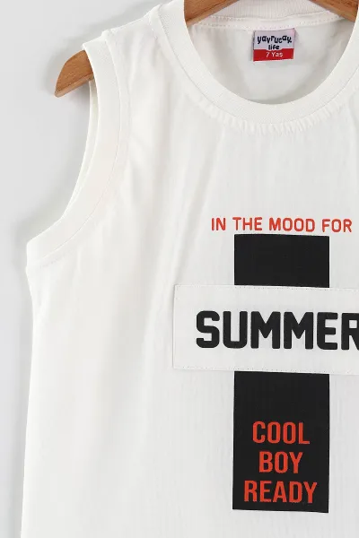 Beyaz (2-10 Yaş) Summer Baskılı Sıfır Kol   ve Şortlu Süprem Erkek Çocuk Yazlık Takım 446478