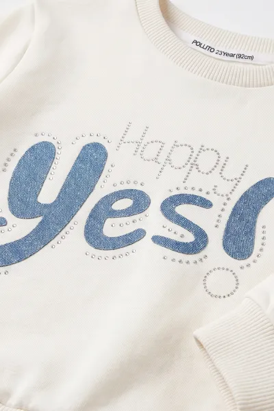 Beyaz (2-10 Yaş) Yes Nakışlı Kot Pantolonlu Kız Çocuk 2'li Takım 480997