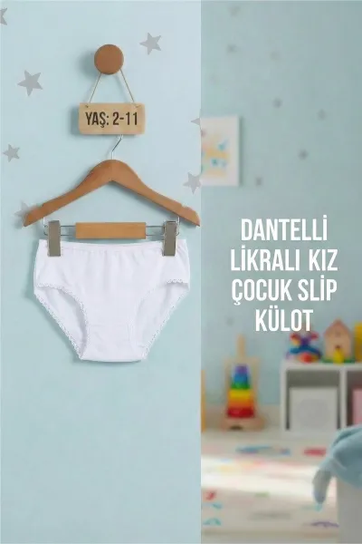 Beyaz (2-11 Yaş)  Dantelli Likralı Kız Çocuk Slip Külot 404078