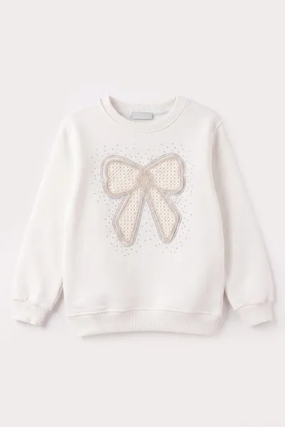 Beyaz (2-12 Yaş) Fiyonk Nakışlı Taşlı  İçi Şardonlu Kız Çocuk Sweatshirt 483283