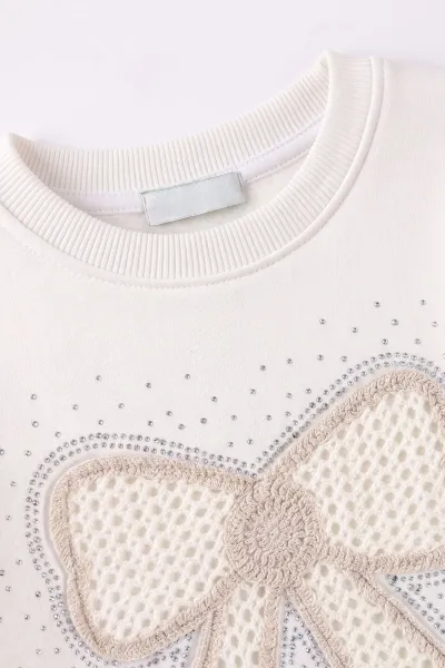 Beyaz (2-12 Yaş) Fiyonk Nakışlı Taşlı  İçi Şardonlu Kız Çocuk Sweatshirt 483283