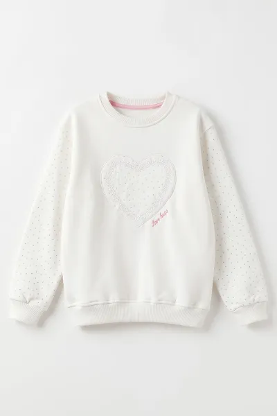Beyaz (2-12 Yaş) Kalp Nakışlı Taşlı  İçi Şardonlu Kız Çocuk Sweatshirt 493805