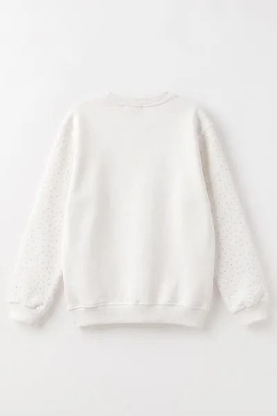 Beyaz (2-12 Yaş) Kalp Nakışlı Taşlı  İçi Şardonlu Kız Çocuk Sweatshirt 493805