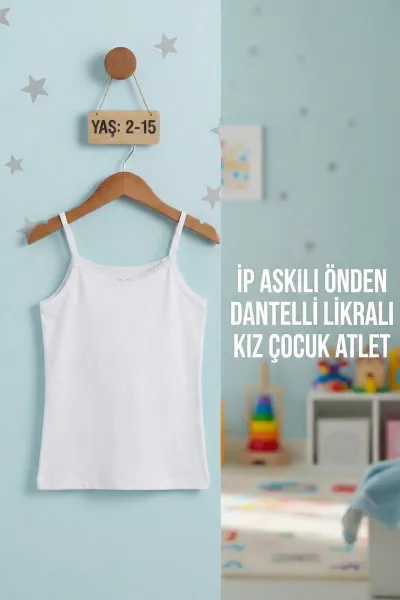 Beyaz (2-15 Yaş) İp Askılı Önden Dantelli Likralı Kız Çocuk Atlet 404031
