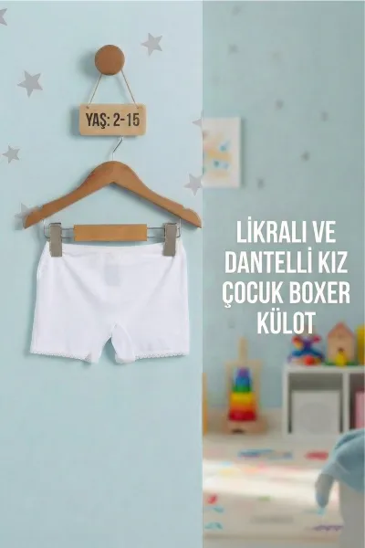 Beyaz (2-15 Yaş) Likralı ve Dantelli Kız Çocuk Boxer Külot 404088