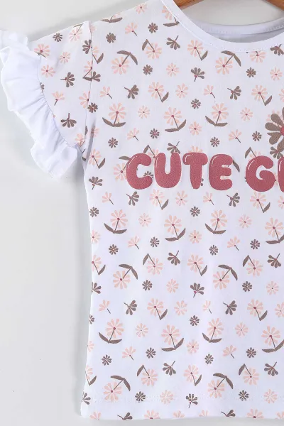 Beyaz (2-5 Yaş)Cute Girl Baskılı Fitilli Şortlu Kız Çocuk Takım 446611