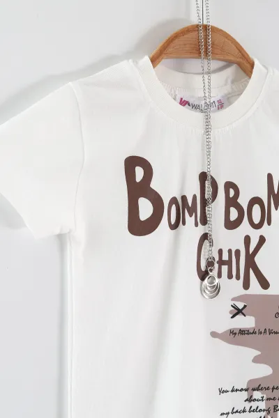 Beyaz (2-6 Yaş) Bomp Baskılı Süprem Tişörtlü Gabardin Şortlu Kolyeli Erkek Çocuk Yazlık Takım 451496