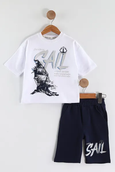 Beyaz (2-6 Yaş) Gemi Baskılı  Şortlu Süprem Erkek Çocuk Yazlık Takım 438119