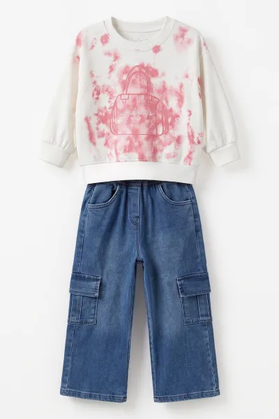 Beyaz (2-7 Yaş) Batik Desenli Kot Pantolonlu Komanda Cepli Kız Çocuk 2'li Takım 499602