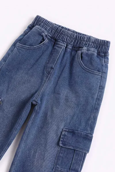 Beyaz (2-7 Yaş) Batik Desenli Kot Pantolonlu Komanda Cepli Kız Çocuk 2'li Takım 499602