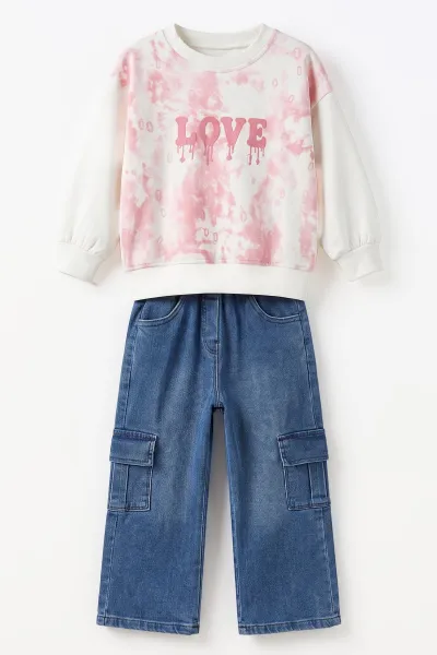 Beyaz (2-7 Yaş) Batik Desenli Love Baskılı  Kot Pantolonlu   Kız Çocuk 2'li Takım 499605