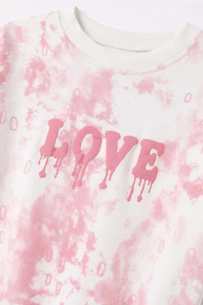 Beyaz (2-7 Yaş) Batik Desenli Love Baskılı  Kot Pantolonlu   Kız Çocuk 2'li Takım 499605