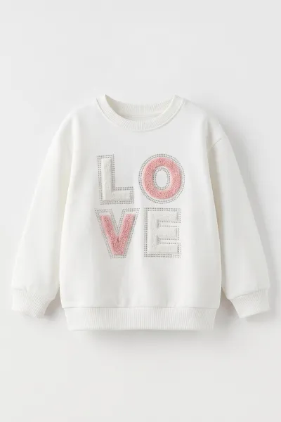 Beyaz (2-7 Yaş) Love Nakışlı Taşlı  İçi Şardonlu Kız Çocuk Sweatshirt 493804