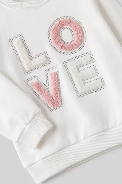 Beyaz (2-7 Yaş) Love Nakışlı Taşlı  İçi Şardonlu Kız Çocuk Sweatshirt 493804