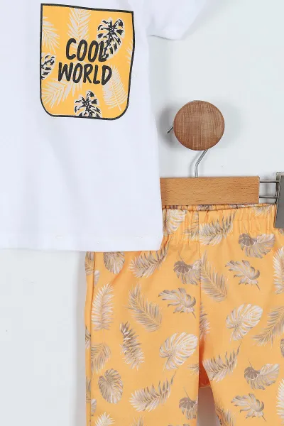 Beyaz (2-9 Yaş)Cool World  Baskılı Yapraklı  Şortlu Erkek Çocuk Yazlık Takım 354143