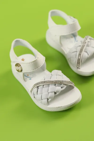 Beyaz (22-25) Çapraz Taş İşlemeli Bilek Cırtlı Kız Bebe Sandalet 272035