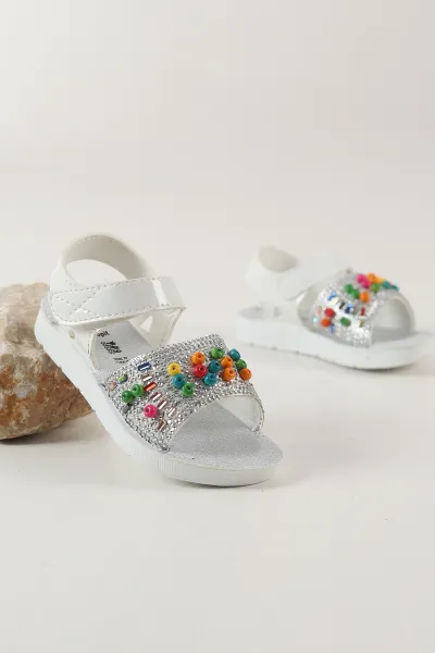 Beyaz ( 26 - 30 ) Taşlı Boncuk Detaylı Kız Çocuk Sandalet 445086