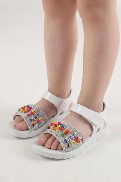 Beyaz ( 26 - 30 ) Taşlı Boncuk Detaylı Kız Çocuk Sandalet 462817