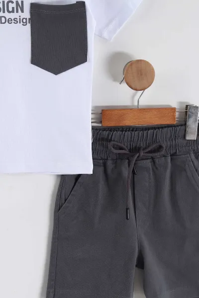 Beyaz (3-10 Yaş) Design Baskılı Gabardin Şortlu Erkek Çocuk Yazlık Takım 443637