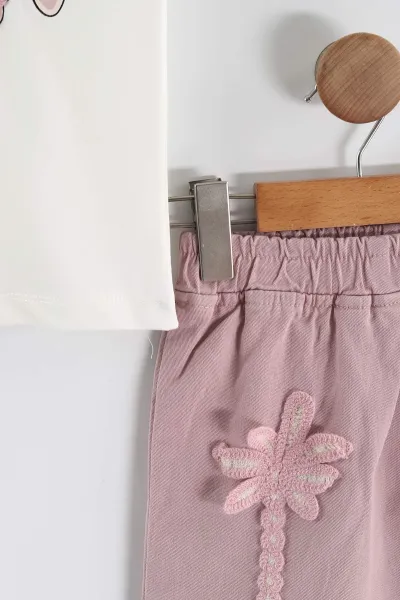 Beyaz (3-10 Yaş)Aplikeli Gabardin Şort Etekli Kız Çocuk Takım 450731