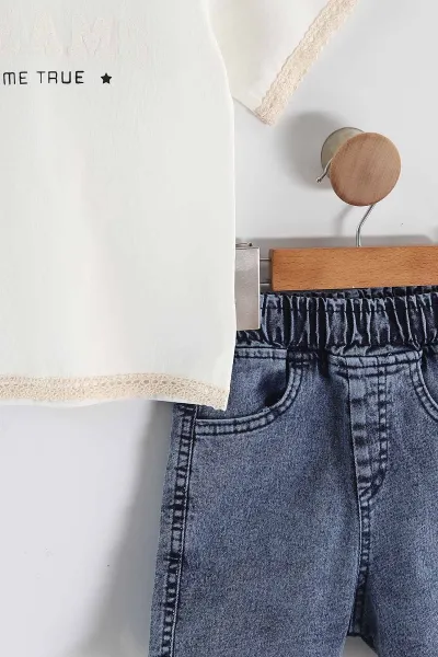 Beyaz (3-10  Yaş)Dream Baskılı Tişörtlü Kot Şortlu Kız  Çocuk 2'li  Takım 457357