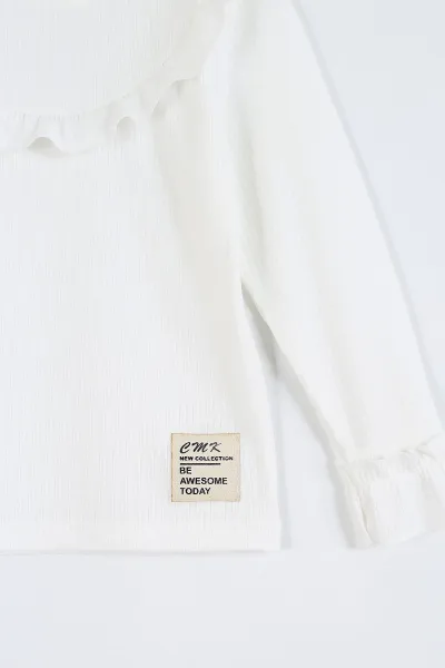 Beyaz (3-11 Yaş) Yaka ve Kol Fırfır Detaylı Kız Çocuk Sweatshirt 297016